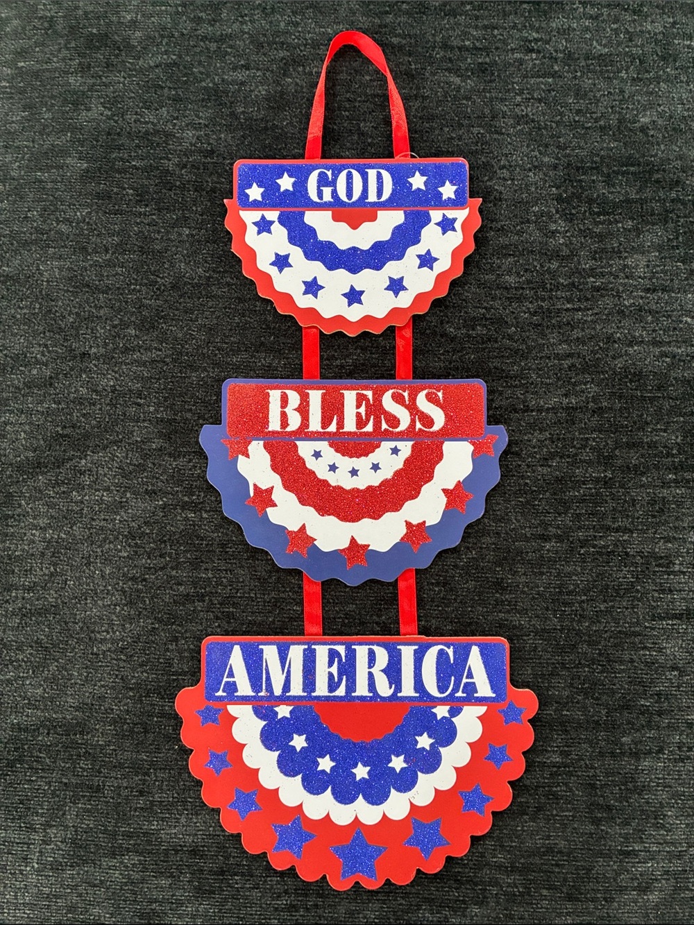Gorgeous Red White & Blue Glitter Patriotic GOD BLESS AMERICA Bunting Decoration
